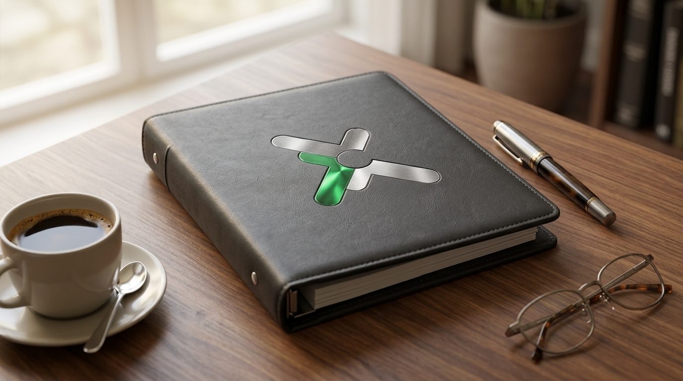 A Legacy Leaders Network leather binder on a warm wooden desk