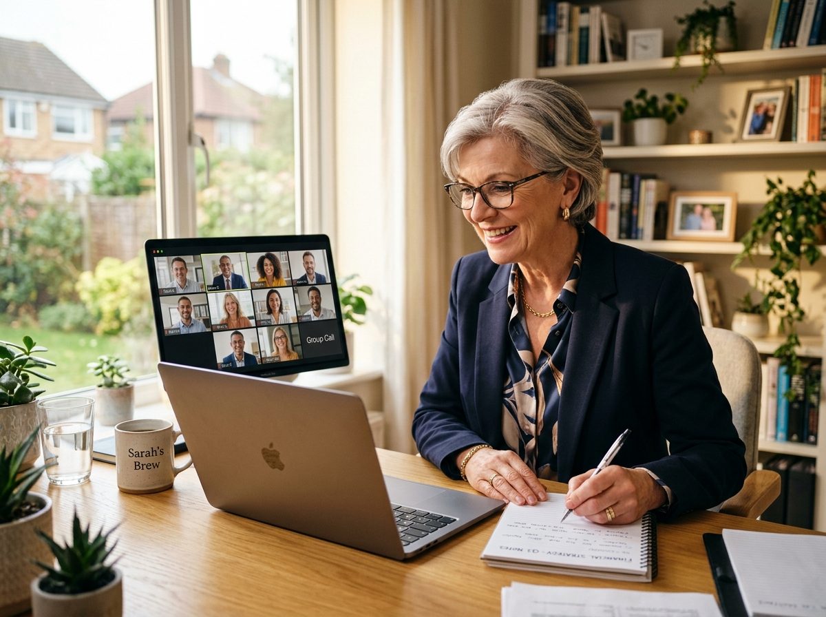 An advisor smiling on a live group coaching video call