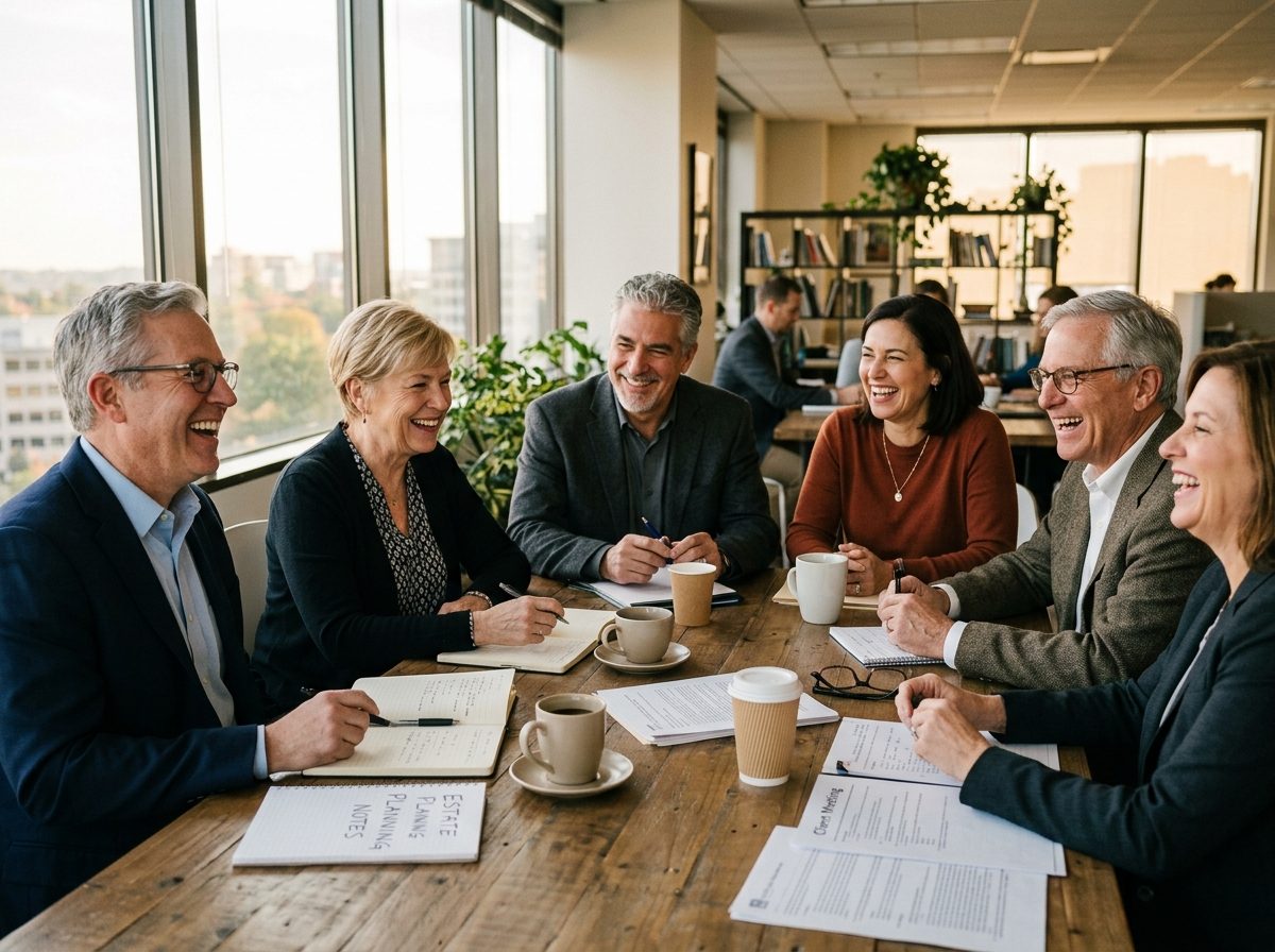 Attorneys and advisors laughing together around a meeting table