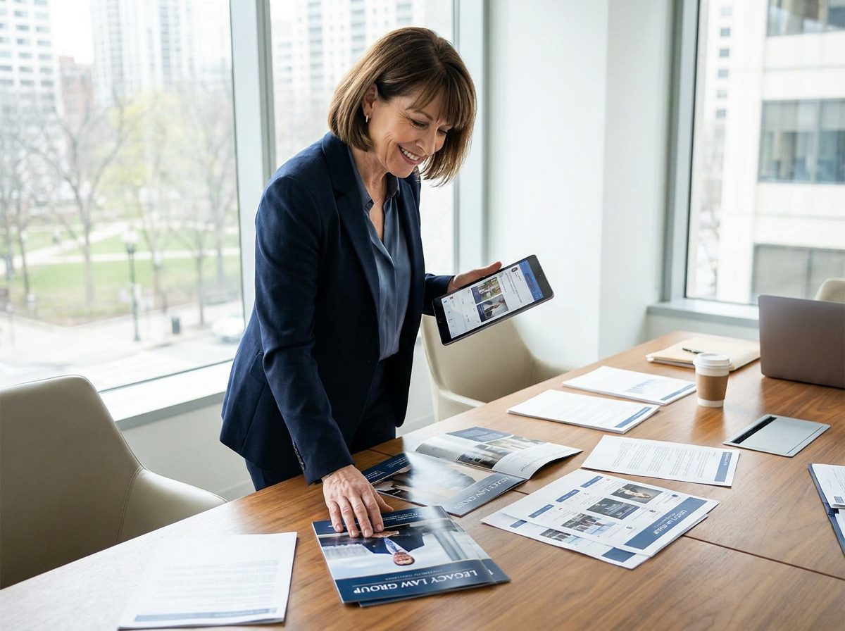 An attorney reviewing polished marketing materials at a conference table