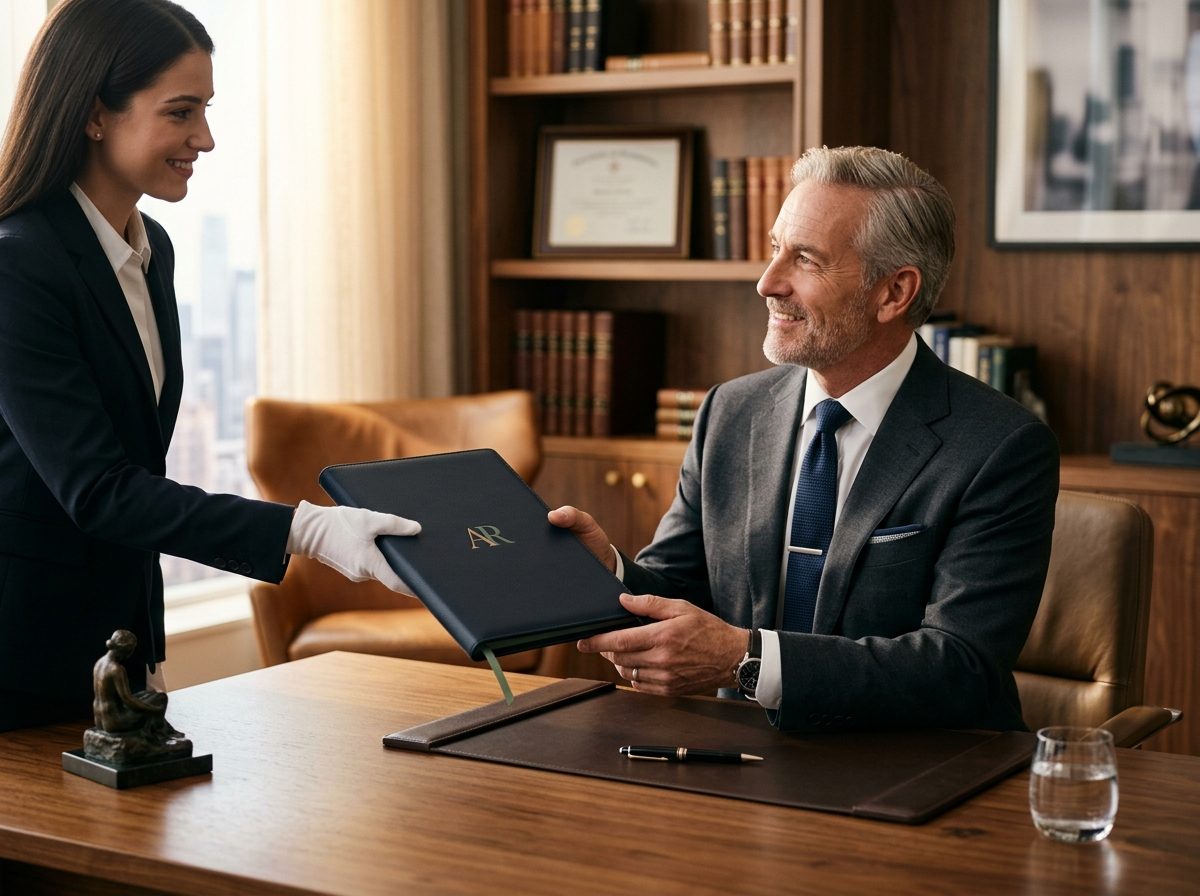 A branded portfolio being handed across an elegant desk
