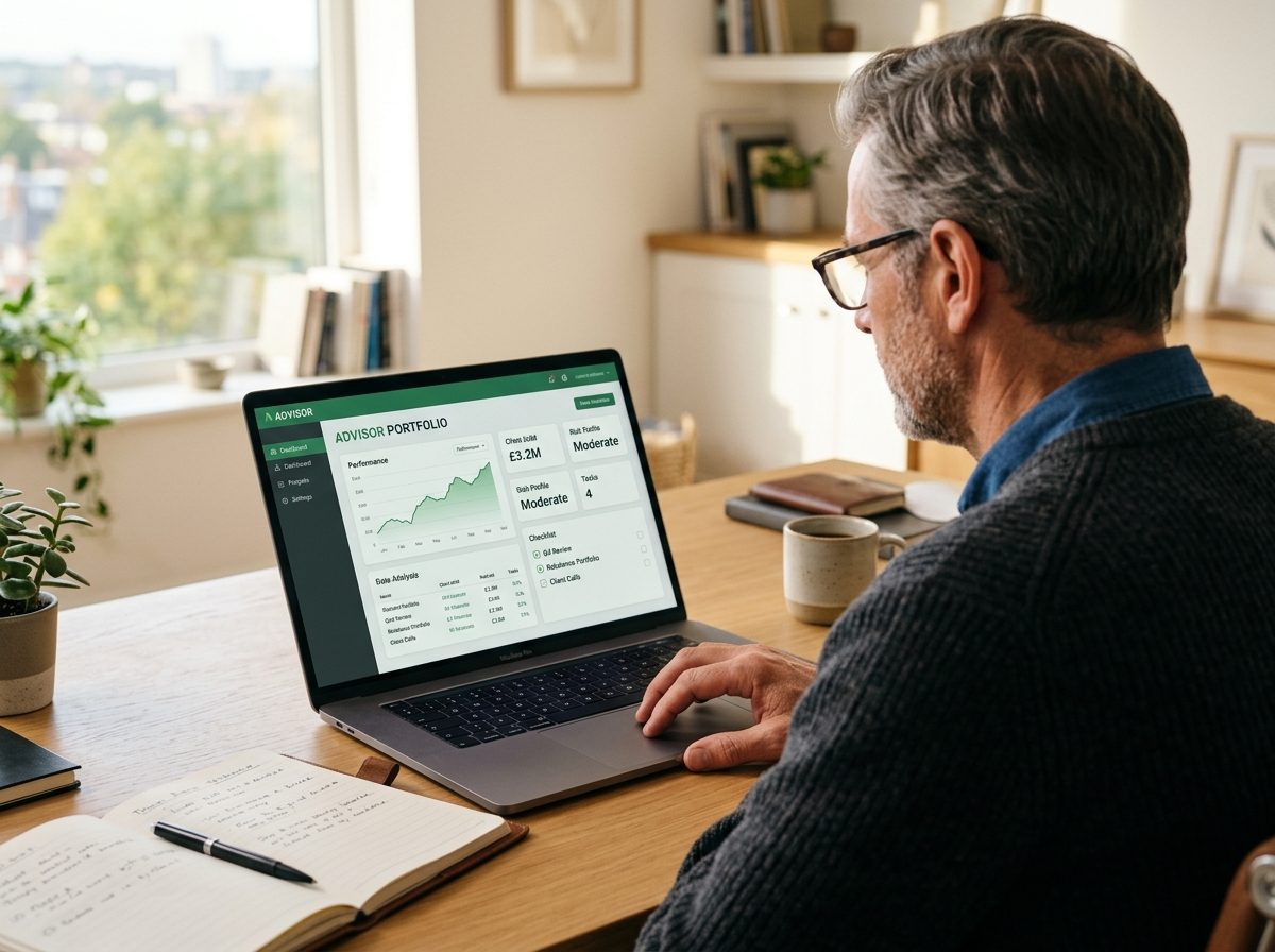 A financial advisor reviewing a clean member software dashboard