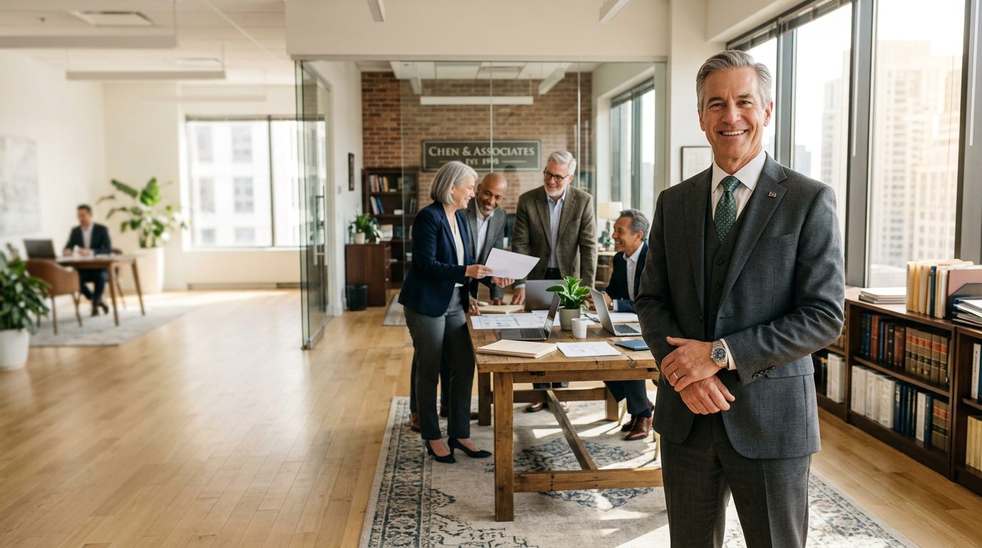 A confident estate planning attorney standing in a bright, busy modern office