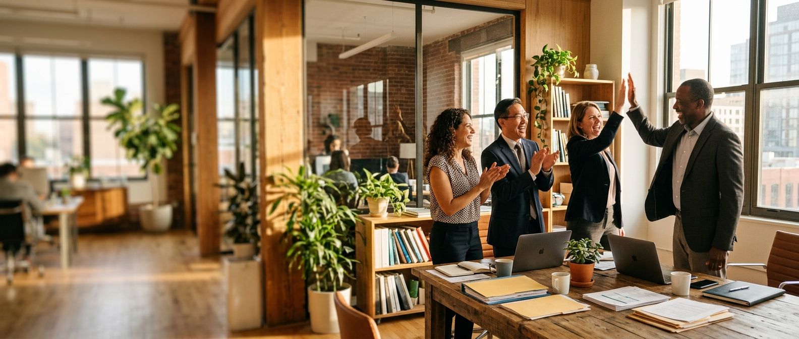 A team of professionals celebrating together in a bright office